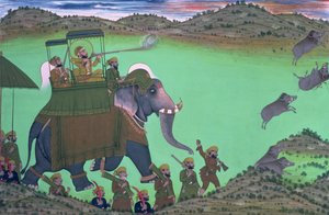 Maharana Sarup Singh van Udaipur schietend op een wild zwijn vanaf een olifant, Rajasthan, 1855